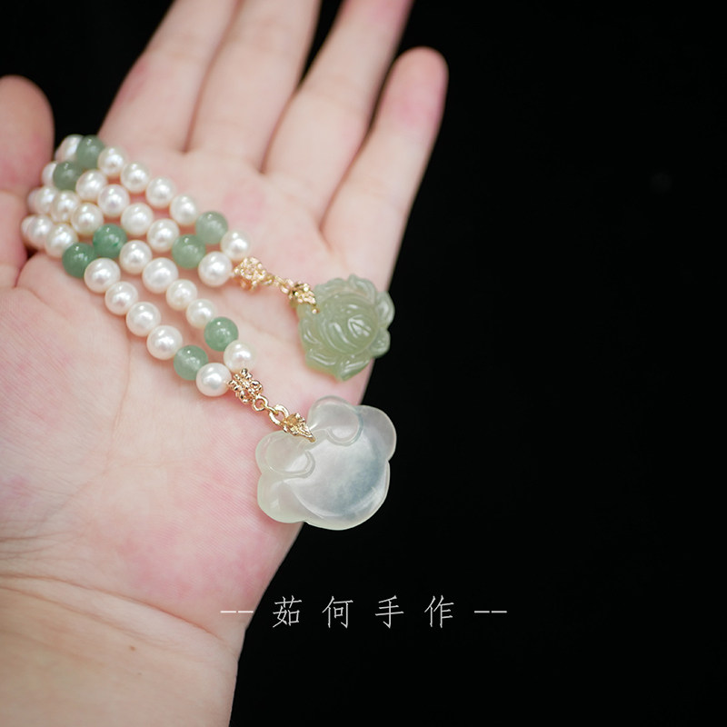 茹何手作原创天然石珍珠项链岫玉璎珞清新百搭明制首饰汉服宝宝锁