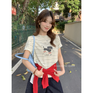 SUSAN T恤女si76 十三行夏上新韩系减龄慵懒通勤狗狗印花条纹短袖