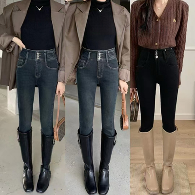 JIAJIATMMT木里加绒紧身牛仔裤三粒排扣小脚裤九分靴牛仔裤女5218