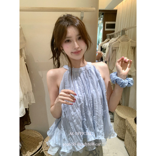 AS OFFICIAL十三行夏季纯欲显瘦宽松蕾丝花苞挂脖无袖小衫女28576