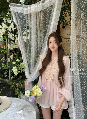 SEE YOU春夏法式重工镂空花边V领雪纺衫+吊带背心两件套女260117J