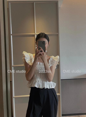 CME Stduio法式小飞袖吊带背心女设计感小众压褶修身短款洋气上衣