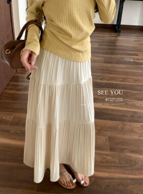 SEE YOU十三行2026春秋杏色百褶裙温柔风设计感长款半身裙女8190