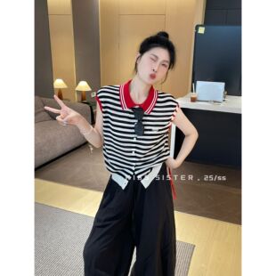KISS SISTER十三行夏季新款美式显瘦设计感撞色Polo领针织开衫女