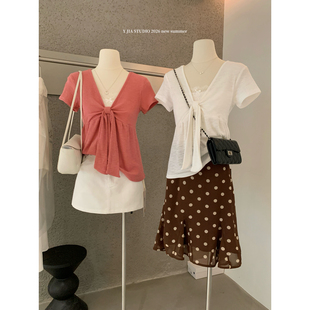 短袖 假两件娃娃衫 T恤上衣女配飘带6679 针织衫 Y.JIA伊嘉十三行夏季