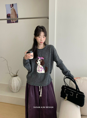 SUSAN十三行秋季美式小狗卷边领植绒设计套头休闲保暖毛衣女27606