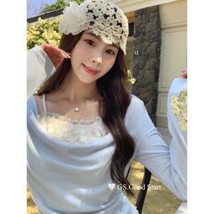 GS十三行春季2025新款法式绝美显瘦纯欲假两件荡领花边长袖上衣女