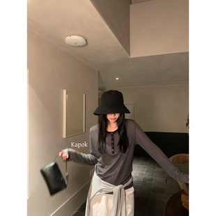 KAPOK-十三行春秋莱塞尔半系扣圆领拼色百搭条纹上衣女YS1-25552