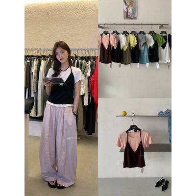 MZI STUDIO夏季V领挂脖式系带背心+打底软糯短袖T恤套装女A10200