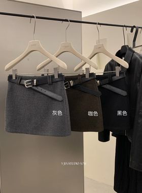 Y.JIA伊嘉十三行秋冬高腰显瘦A字短裙毛呢半身裙女配腰带7816-55