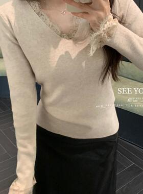 SEE YOU敲温柔法式蕾丝边V领针织衫女秋冬新款加厚减龄洋气打底衫
