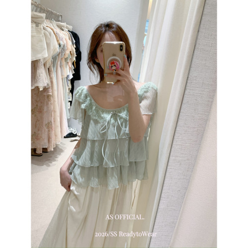 S OFFICIAL-——补到手软花边假日曲浪漫荷叶边蕾丝拼接小衫28190