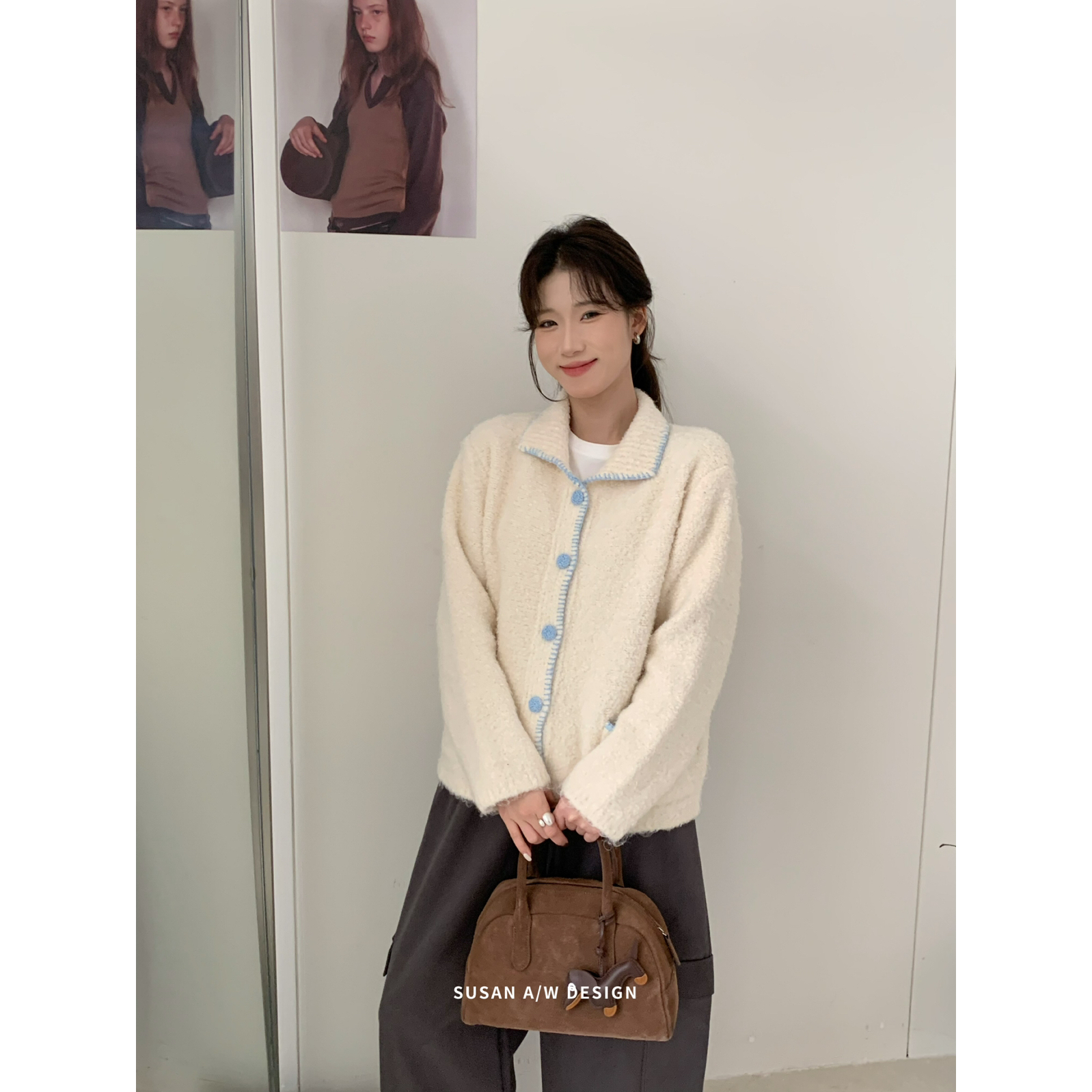 SUSAN十三行秋冬氛围感圈圈毛双口袋翻领舒适保暖8羊毛毛衣女377