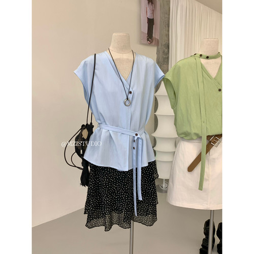 MZI STUDIO优雅v领飞飞袖系带收腰小飞袖坎肩衬衫女配腰带157311