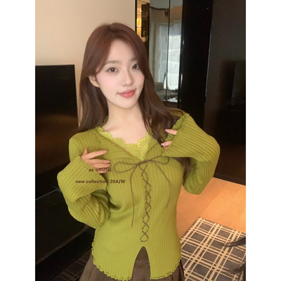 AS OFFICIAL十三行显瘦秋冬浪漫季蕾丝拼接绑带针织衫上衣女13985