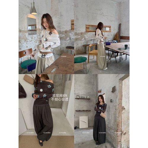 AJ.STUDIO十三行早秋慵懒风法式浪漫氛围感印花网纱上衣女X96358