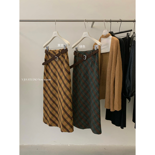 YJIA伊嘉2025十三行秋季 梵高向日葵斜裁格纹百搭半身裙女5730