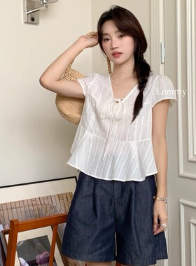 LEMMY十三行夏季法式绝美氛围感气质V领荷叶边娃娃衫泡泡袖衬衫女