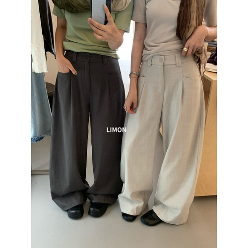 THE LIMON柠檬绿茶秋季新款通勤高腰裤显瘦口袋阔腿休闲裤女11253