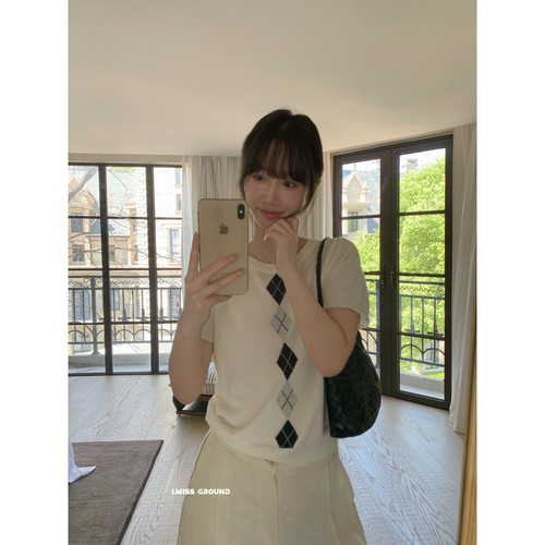 IMISS十三行夏上新韩标简约复古菱格圆领针织衫气质上衣女R01355
