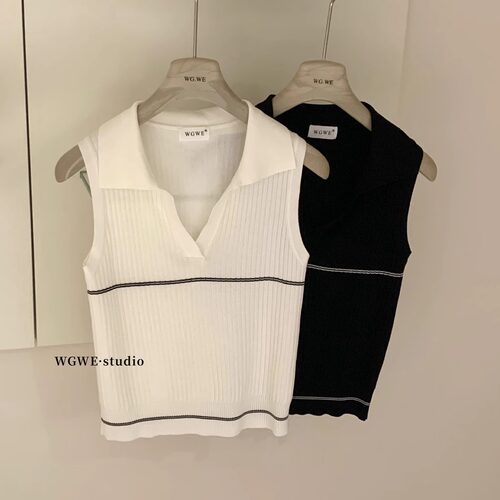 设计感撞色polo领针织背心上衣女