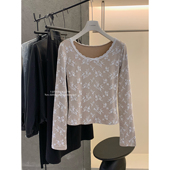 7852 Y.JIA伊嘉十三行柔软冬日纯欲蕾丝提花加绒磨毛长袖 打底衫