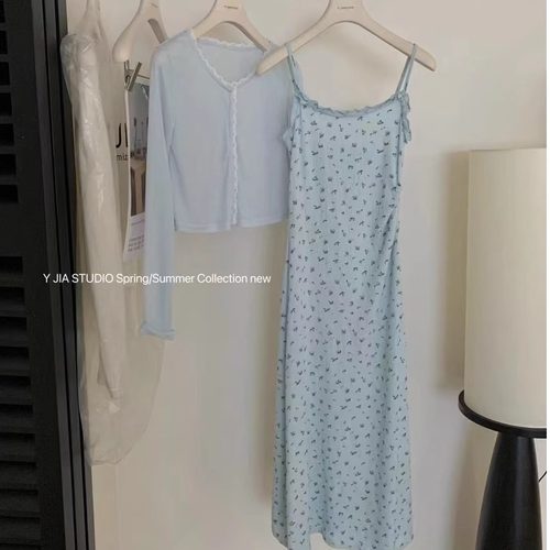 碎花吊带连衣裙＋蕾丝防晒开衫女