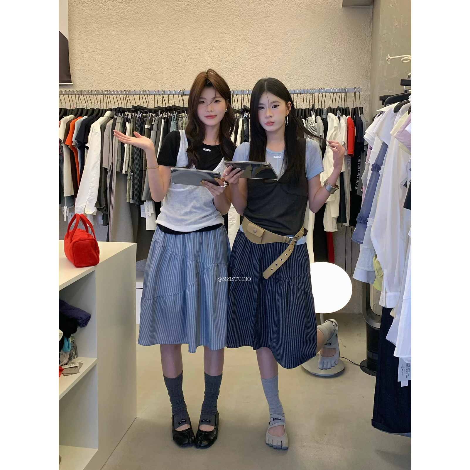 MZI STUDIO-十三行夏季v领叠穿背心+纯色百搭短袖T恤套装女A10203图片