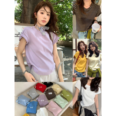 THE LIMON柠檬绿茶-春夏小个子简约纯色小飞袖圆领短袖T恤女10077