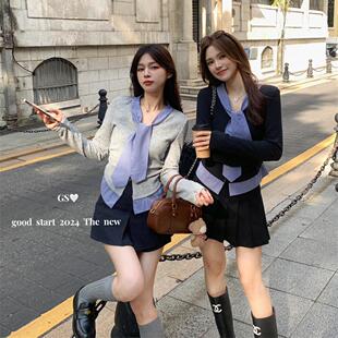 GS英伦时尚假两件格纹拼接针织衫女高级感气质修身百搭长袖上衣