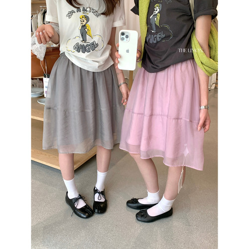 TENG OOTD夏季甜系少女双层网纱蓬蓬显瘦中长裙A字半身裙女10370