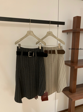 WGWE-早春复古不规则下摆鱼尾裙高腰显瘦条纹半身裙女配皮带W7060