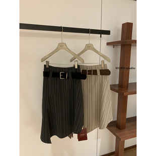 WGWE-早春复古不规则下摆鱼尾裙高腰显瘦条纹半身裙女配皮带W7060