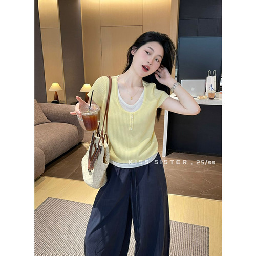 撞色设计假两件透气短袖针织衫女