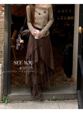 SEE YOU-秋日色彩美拉德不规则A字高腰麂皮拼接蕾丝绒半身裙5111J