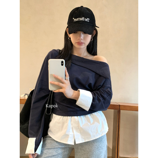 KAPOK十三行秋季新款斜肩拼接衬衣撞色假两件百搭上衣小衫女25590
