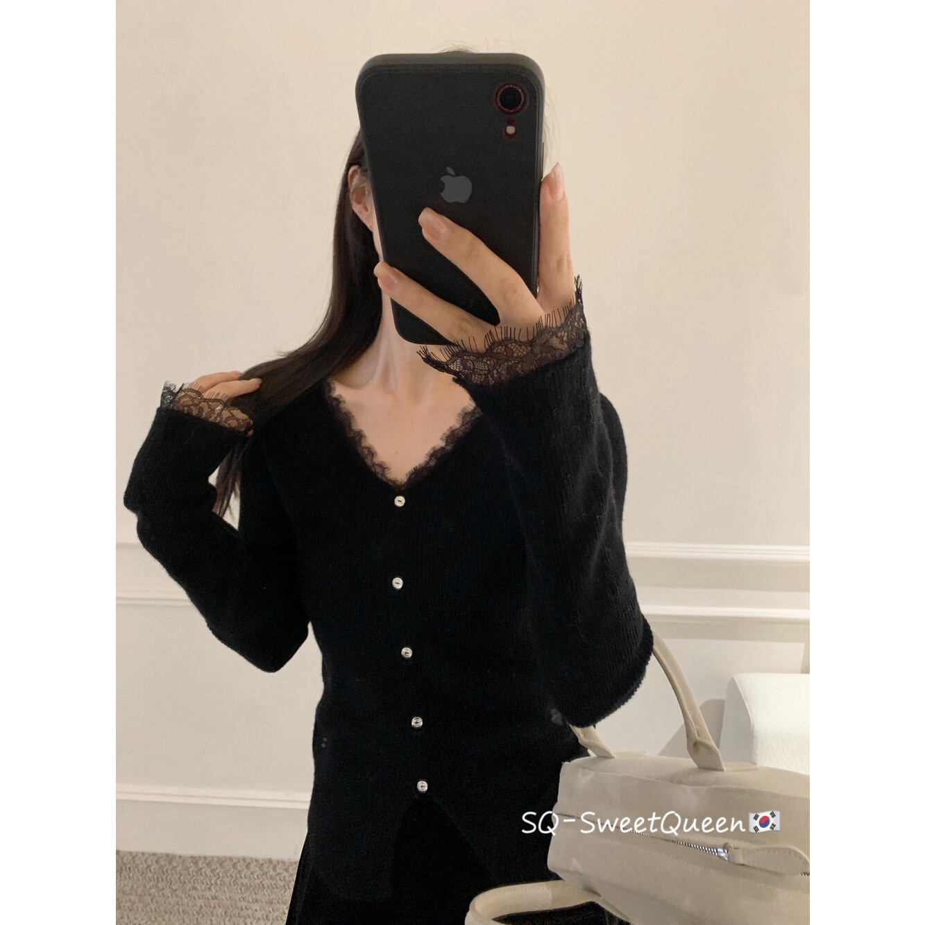 SQ十三行秋冬法式温柔风氛围感v领蕾丝拼接长袖针织衫上衣女7788Q