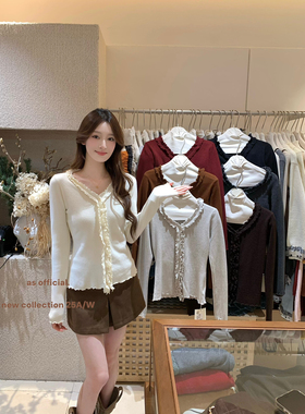 AS OFFICIAL十三行秋季设计感显瘦气质V领木耳边针织上衣女13909