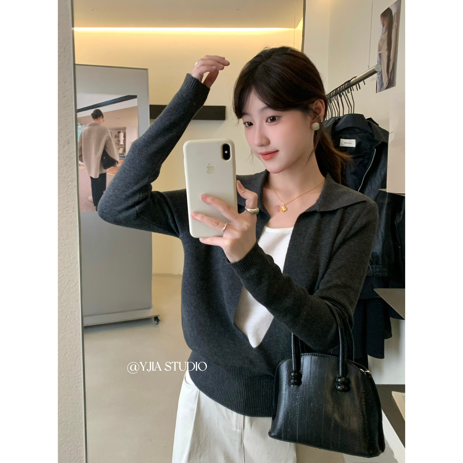 Y.JIA 伊嘉-十三行秋季美式撞色假两件Polo领设计感针织衫女385-5