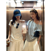 慵懒风露肩斜肩设计感纯色短袖 新款 T恤上衣女10268 夏季 柠檬绿茶