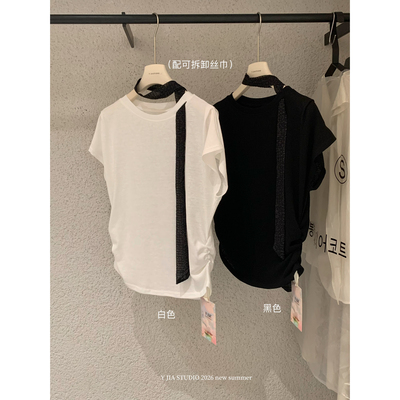 Y.JIA伊嘉十三行夏圆领百搭飘带收腰显瘦褶皱短袖T恤女配丝巾8939