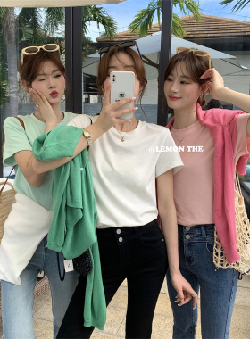 THEG OOTD基础纯色短袖T恤女2025春夏简约休闲正肩内搭打底衫上衣