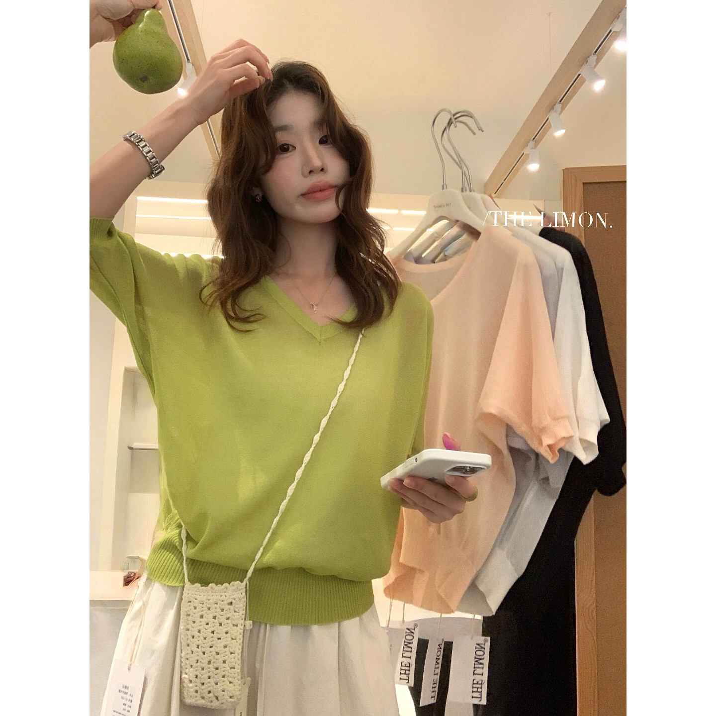 The limon柠檬绿茶-夏季慵懒莱赛尔亚麻V领百搭针织上衣女SC-1097