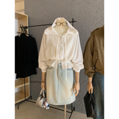 女7111 衬衫 WGWE十三行压褶拼接木耳边连帽衬衣法式 设计感宽松短款