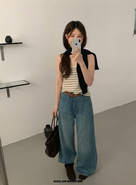 想象 SAILORMOON十三行复古风宽松水洗阔腿裤牛仔裤女配腰带33183