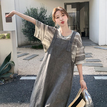 盐系工装背带裙套装女2025夏季新款慵懒风条纹T恤小个子两件套潮