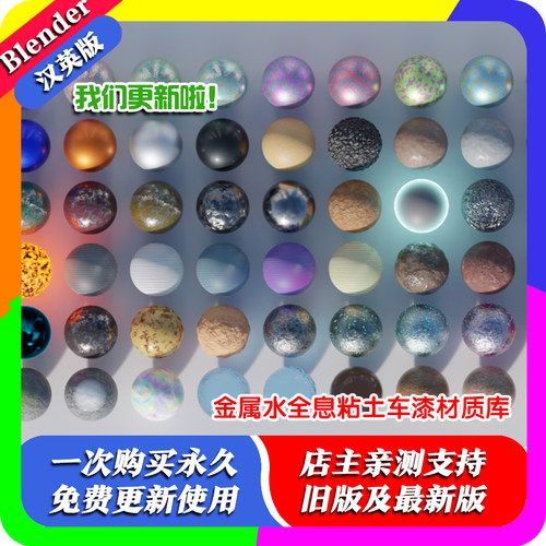 Blender插件 Materials Asset 128+程序材质库金属水全息粘土车漆
