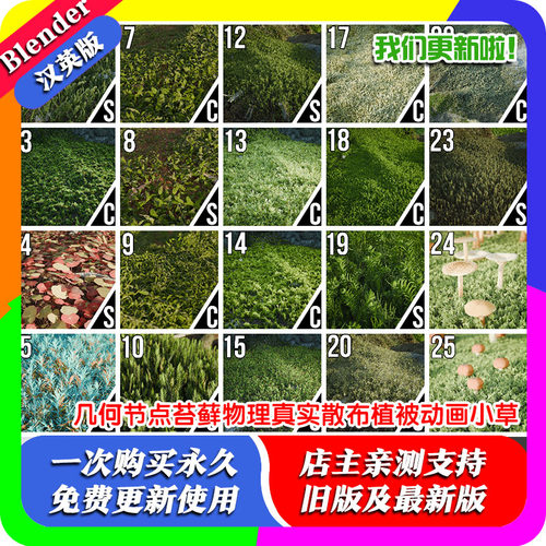 Blender插件 Geomoss Pro 几何节点苔藓物理真实散布植被动画小草