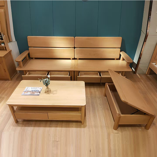 榉木实木沙发客厅四人位贵妃沙发抽屉储物直排三人沙发冬夏两用