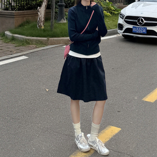 有内衬防走光日系藏青色半身裙子女休闲五分a字大码 胖mm显瘦短裙